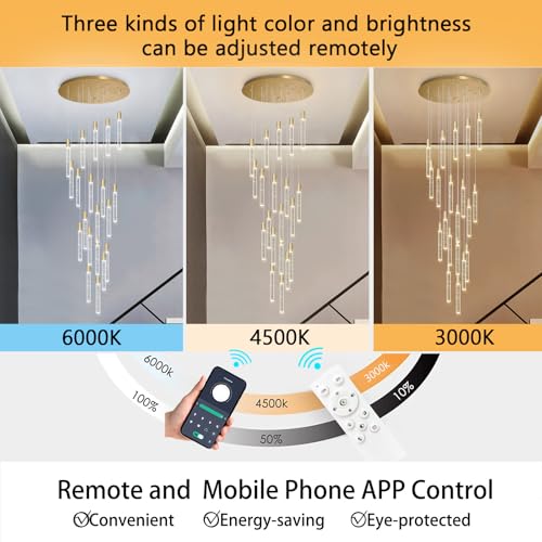 13FT High Ceiling Chandelier for Entryway Modern Crystal LED Light Glam Chandeliers for Living Room Foyer Sloping Ceiling Pendant Lighting Fixture 24 (24 lights / Gold)