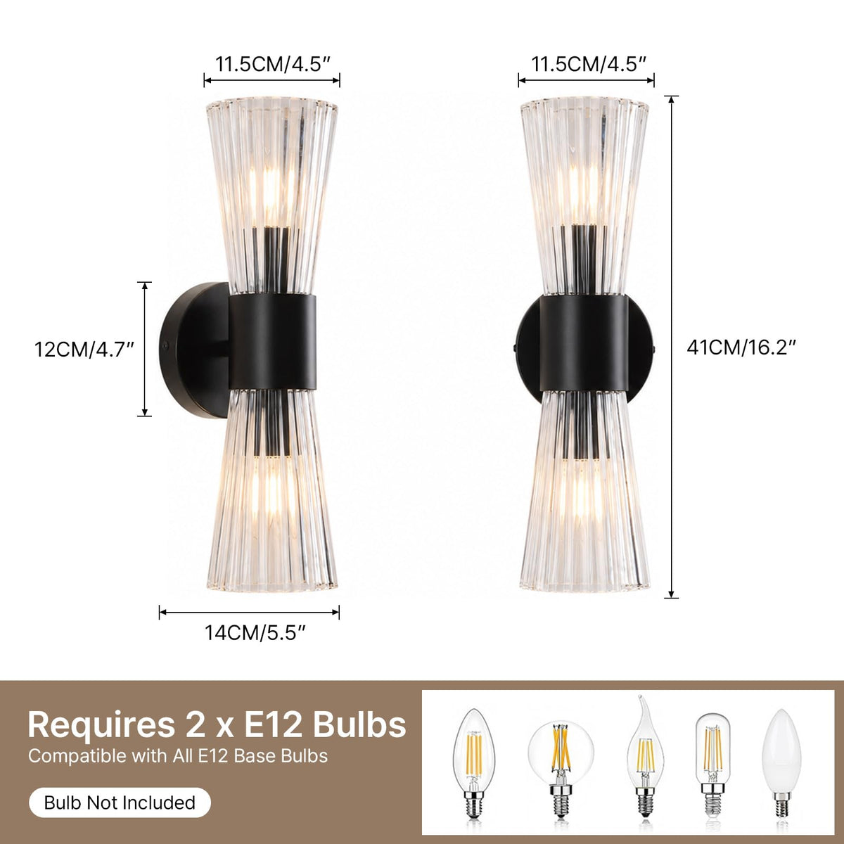 Black Glass Wall Sconce Light (Black Clear Glass)