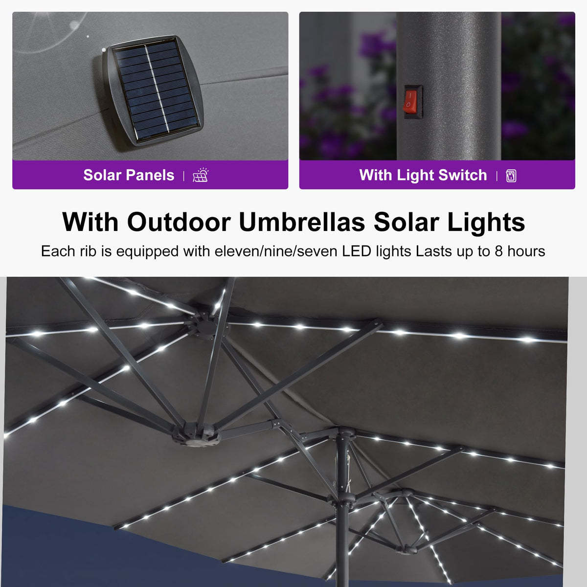 Patio Umbrella 14ft with Base and Solar Lights Outdoor (Grey)