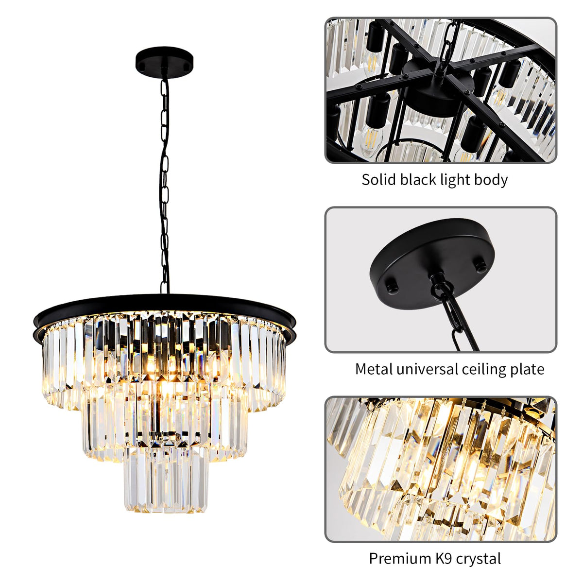 8 Light Modern Crystal Chandelier 20'' Black Chandeliers for Dining Room Contemporary Pendant Light Fixture Round 3 (Black & Clear Crystal / 20'')
