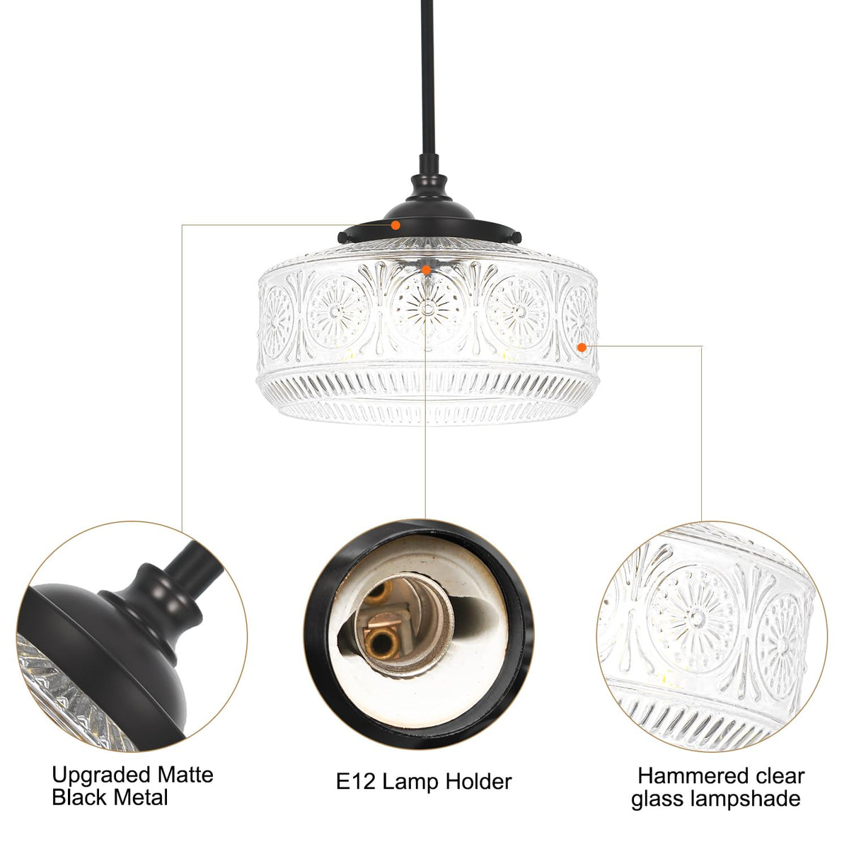 Black 3 Light Pendant Lights Kitchen Island Adjustable Hanging Sink Light (Black+Clear Glass / 11.8in)