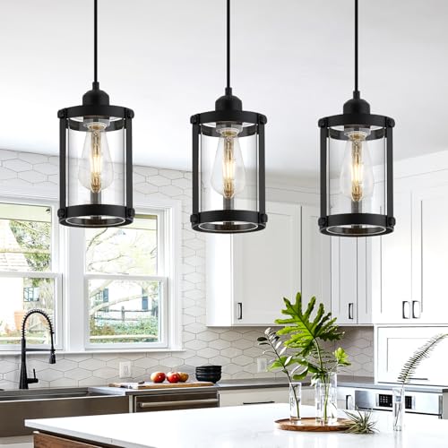 Matte Black Pendant Lights Kitchen Islands (Black + Clear Glass / 1-Light Pendant, 3 Pack)