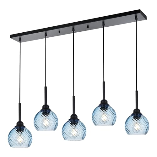 5 Light Island Lighting Fixtures Hanging with Blue Striped Swirl Globe Glass (Blue / 5-Light-Straight Bar)