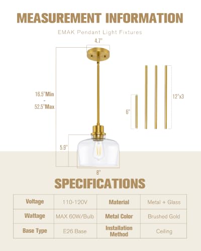 8 Inch Pendant Lights Kitchen Island (Brushed Gold & Clear Glass / 8 Inch)