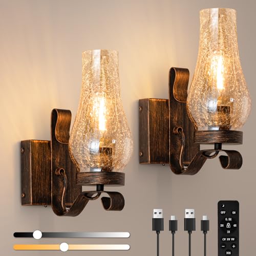 Vintage Farmhouse Wall Sconces (Amber Ice Crackle Retro Gold / Battery Operated)
