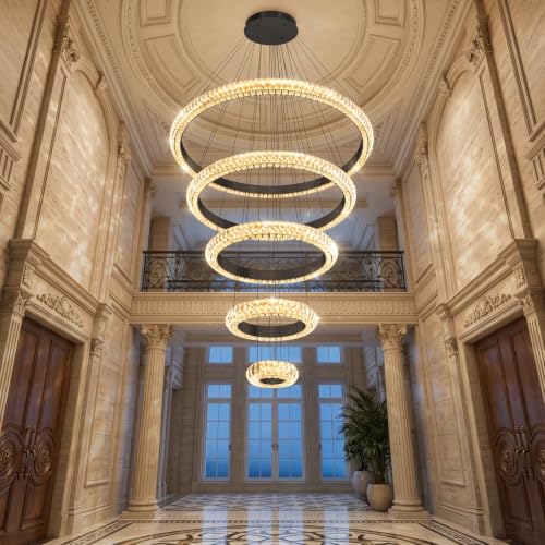 5 Ring Large Crystal Chandelier Modern LED Dimmable High Ceiling Chandelier Ring Contemporary Pendant Light Fixture for Living Room Foyer Staircase Gold D40'' (Black / 5 Ring Round 40")