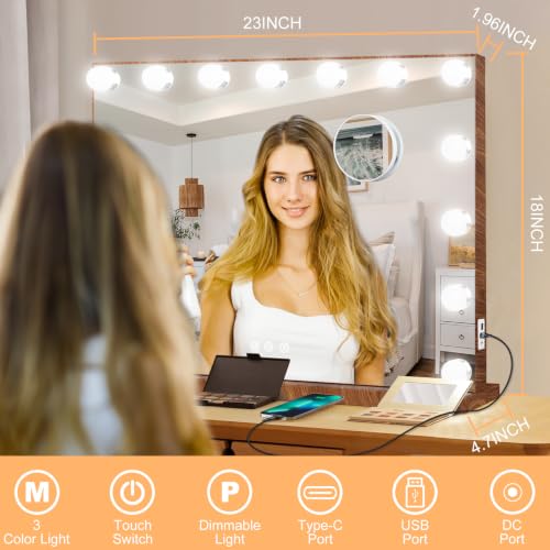 Vanity Mirror with Lights (Wood Grain / 23"L x 18"W)