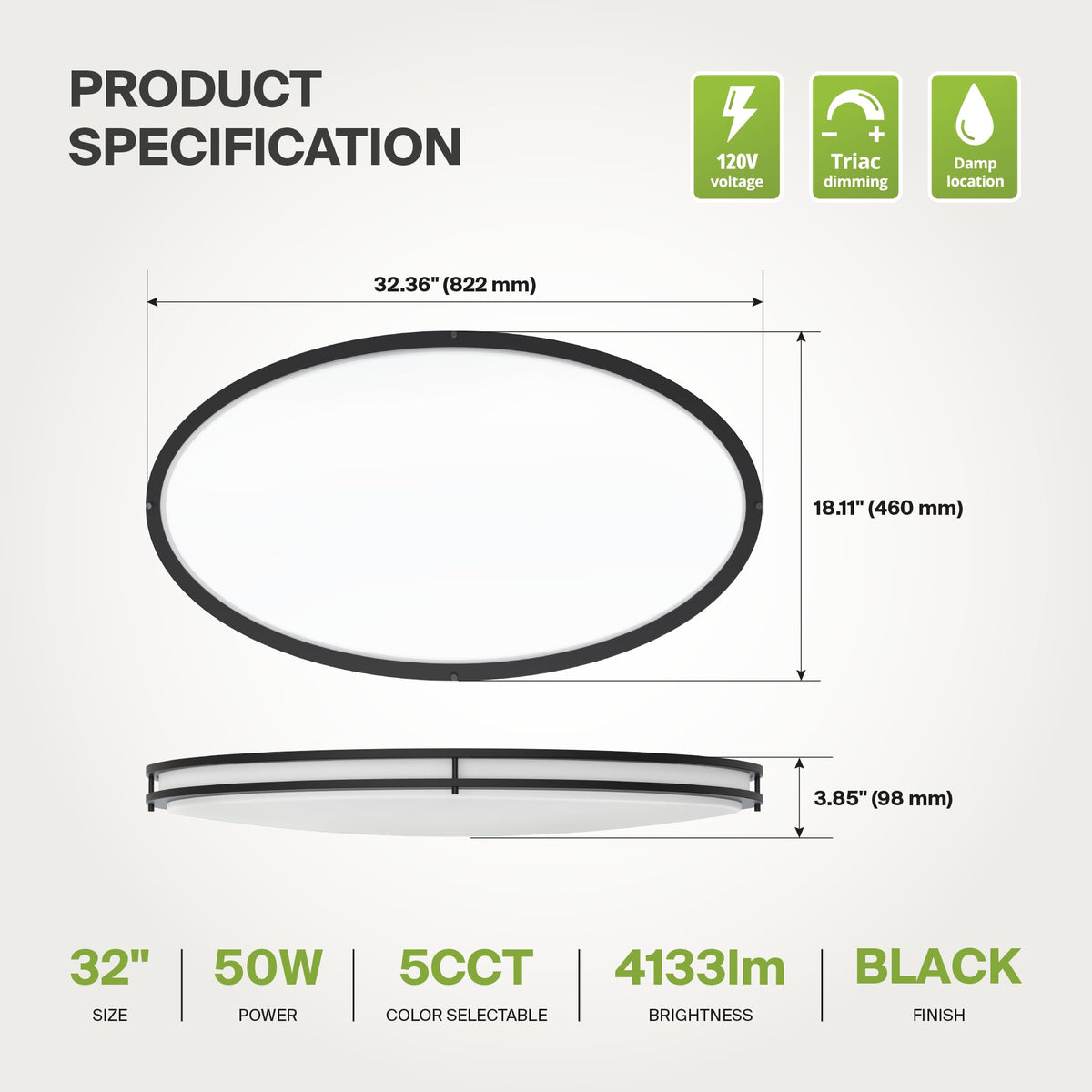LED 32" Oval Flush Mount Lighting (Black)