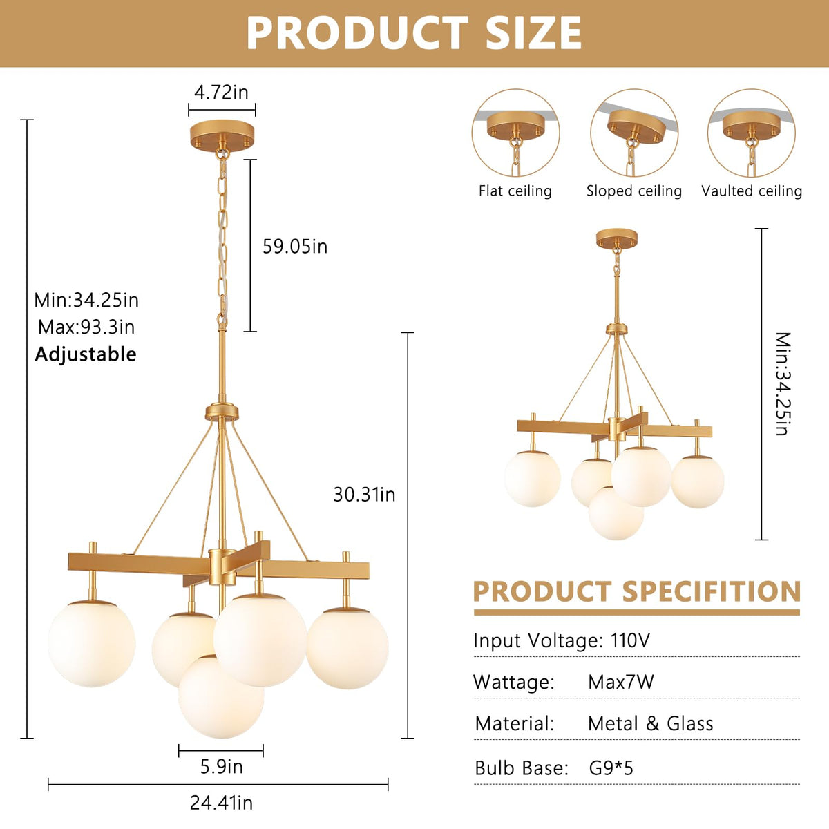 5 Light Gold Dining Room Chandelier (White and Gold)