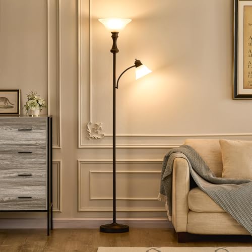 Torchiere Brown Floor Lamp with Adjustable Angle Reading Lamp (Red Brown)