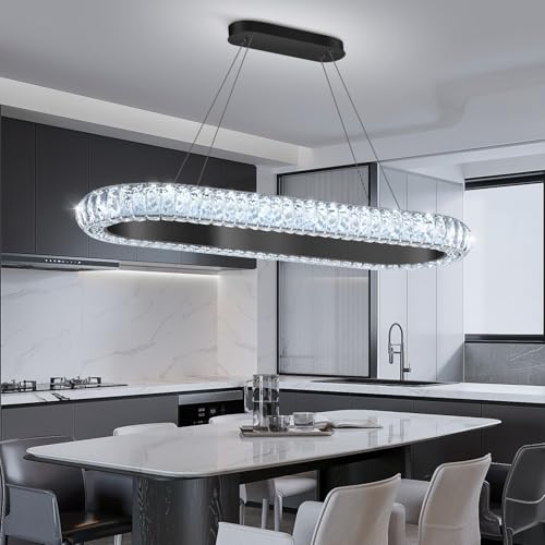 32'' Oval Ring Crystal Chandelier Modern LED Dimmable Ring Pendant Light Chandelier for Dining Room Living Room Black (Black / 1 Ring Oval 32")