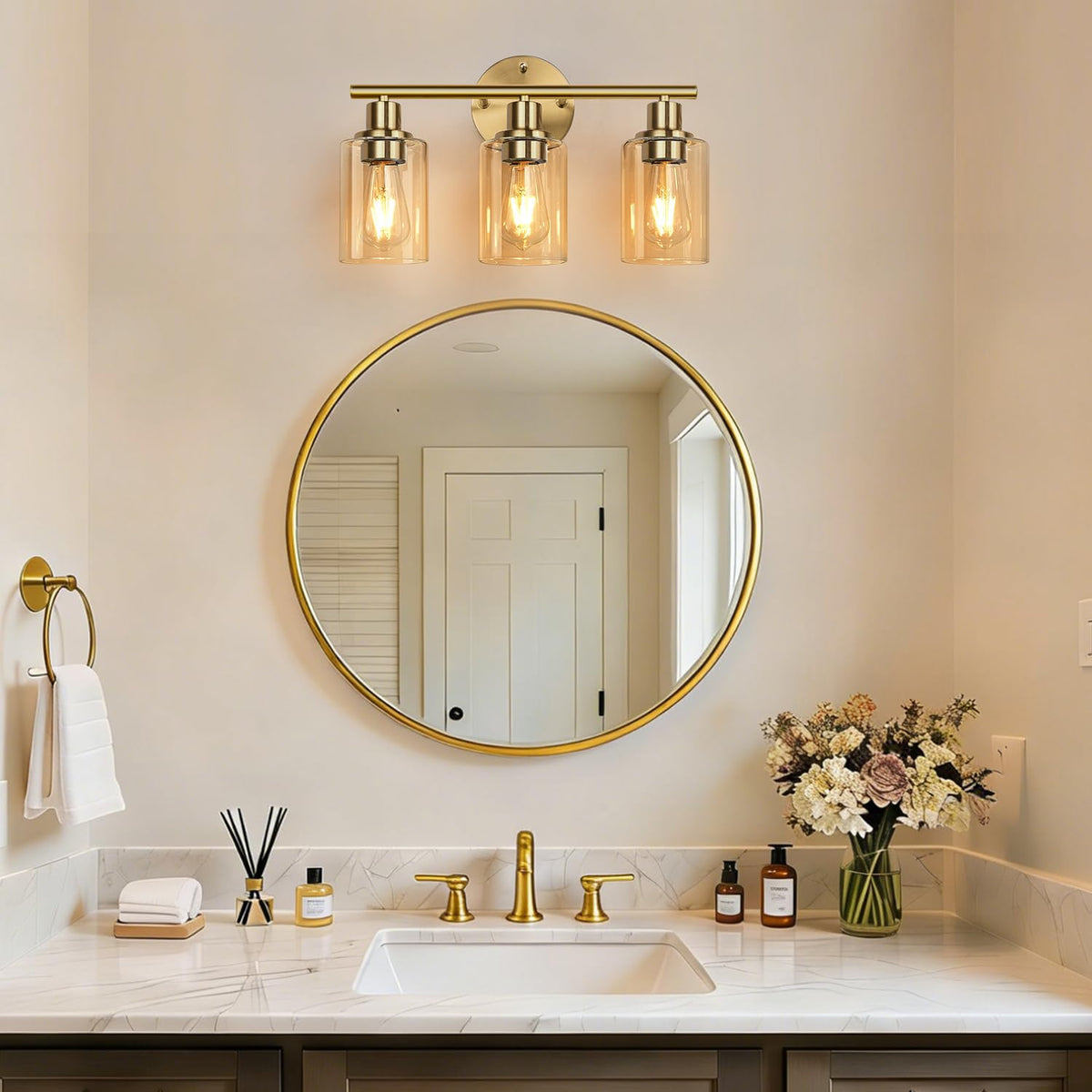 3 Light Bathroom Light Fixtures (Brushed Gold & Amber Glass / 3-light)