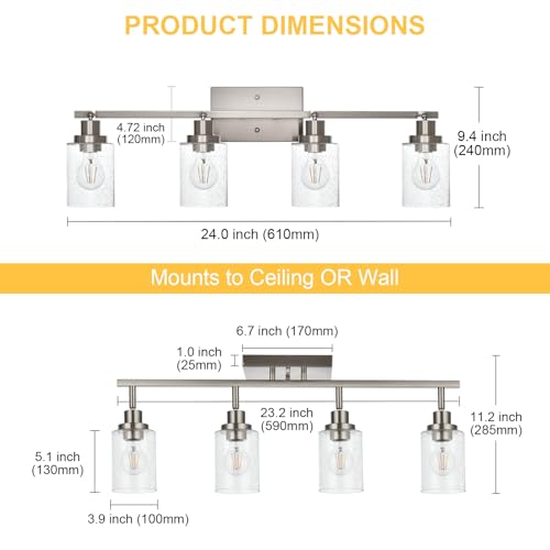 4 Light Brushed Nickel Kitchen Track Lighting Fixtures Ceiling Mount Track Lighting Kit with Bubble Seeded Glass Shade Modern Bathroom Tracking Vanity Lights Ceiling Tracking Accent Shop Light (Brushed Nickel / 4-Light)