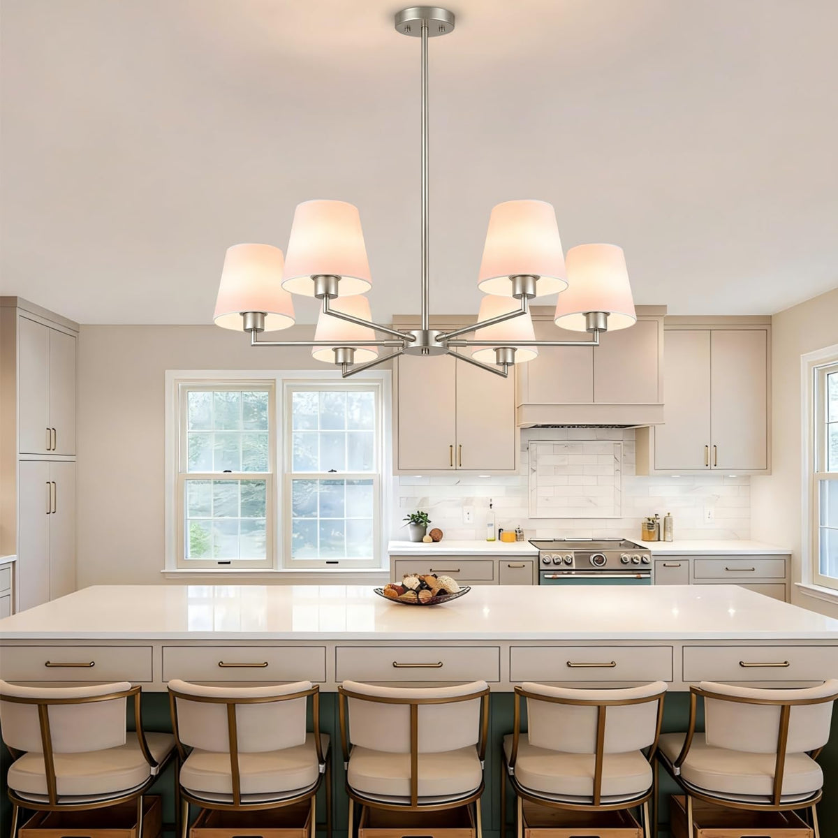 Brushed Nickel Chandeliers for Dining Room (Sliver+white shade)