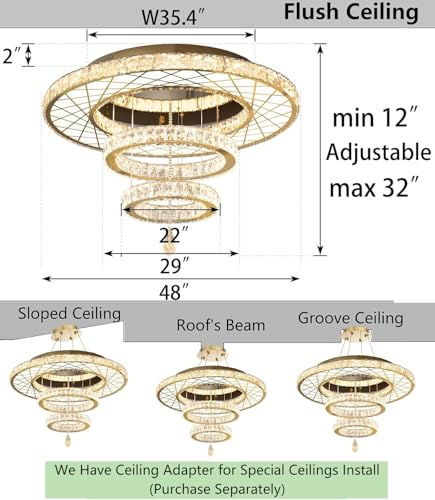 48 inch Large Size Glam Chandelier Crystal Ceiling Light for Living Room Chandeliers Lighting Fixtures with Remote Dimmable LED Light (48 inch / Gold)