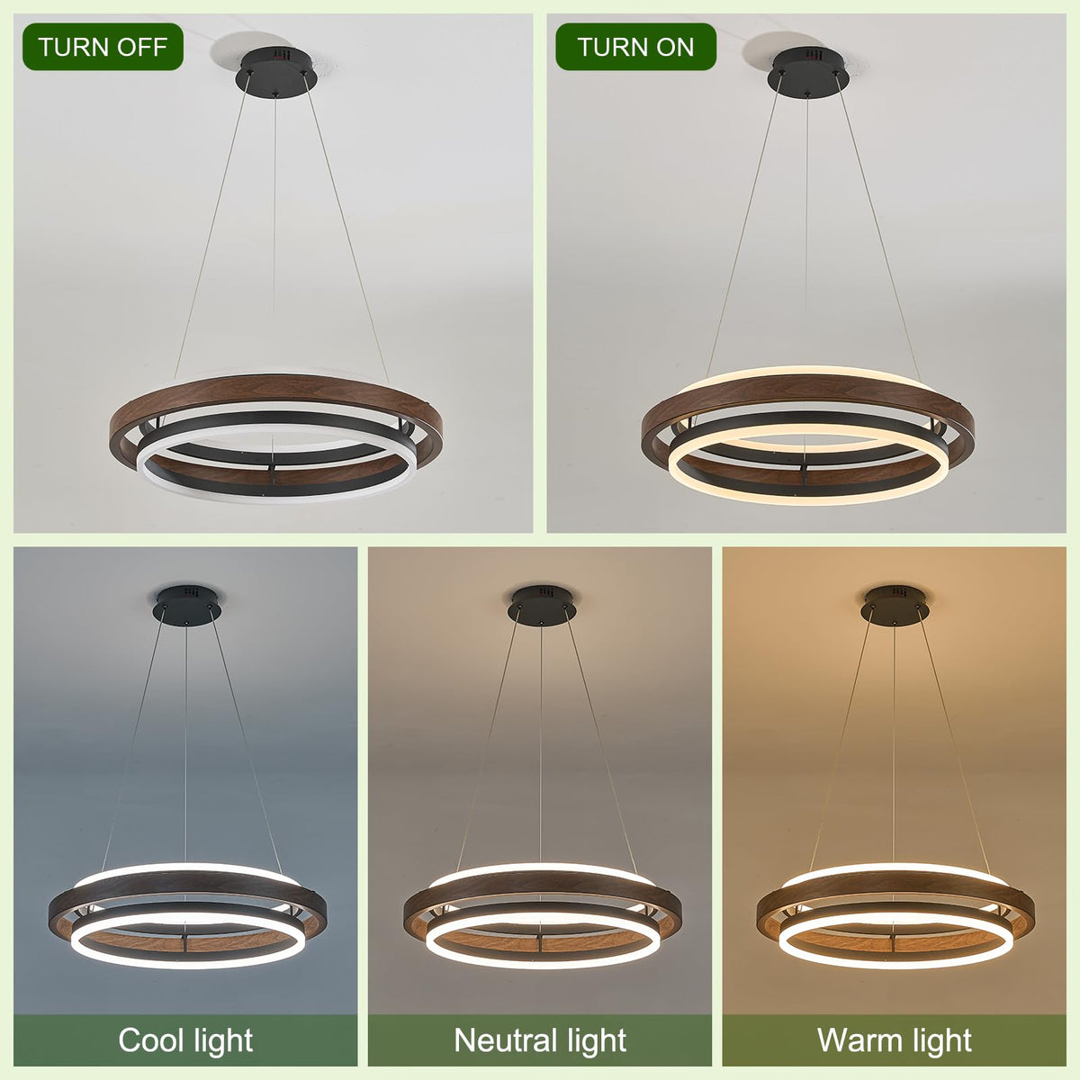 2 Rings Modern LED Chandelier Black Walnut Color with Remote (Wood Grain Black / 2 Rings 24 inches Up&Down)