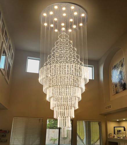 W40 x H120 Glam Chandelier with LED Bulbs Crystal Raindrop High Ceiling Pendant Light for Entrance Large Villa Chandelier Foyer Lighting Fixtures Silver (Silver / Round W40" X H118")