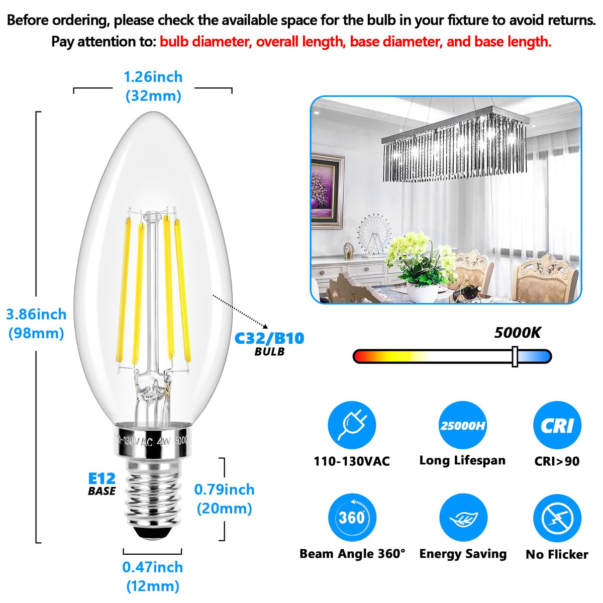 LED Candle Bulbs 40W Equivalent Dimmable (Daylight White 5000k / 40w 5 Count (Pack of 1))