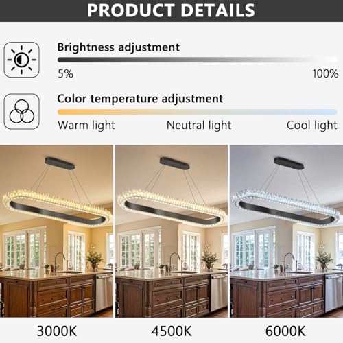 40'' Oval Ring Crystal Chandelier Modern LED Dimmable Ring Pendant Light Chandelier for Dining Room Living Room Black (Black / 1 Ring Oval 40")