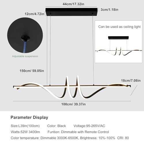 Modern LED Chandelier (39in/Black/Wave/52W-Dimmable)