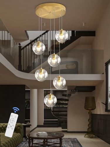 6 Light LED Staircase Modern Glass Globe Pendant Light Gold Chandeliers Large Chandeliers for High Ceilings (Gold-Clear / Globe 6-Light)