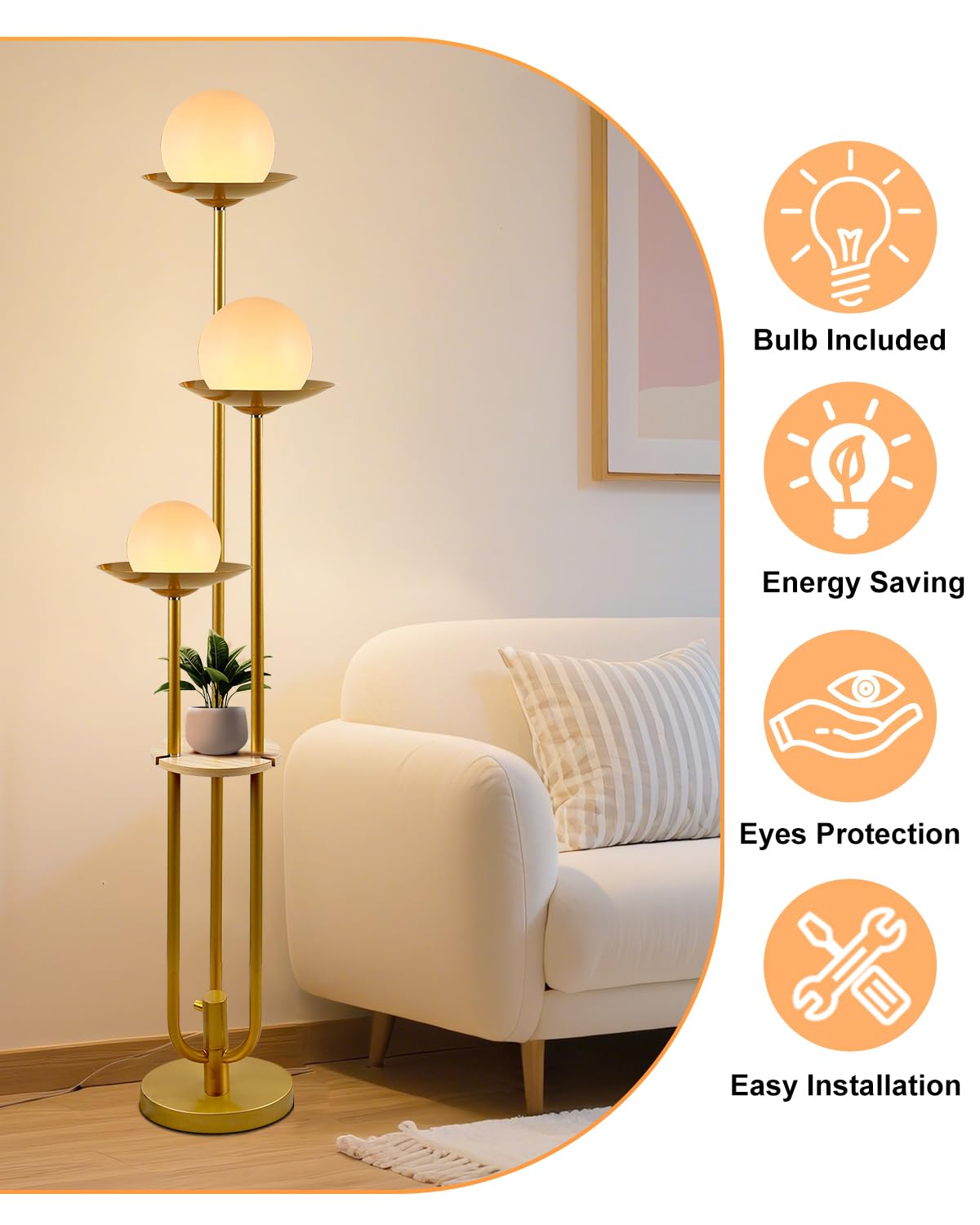 63IN Globe Floor Lamp with Shelf 3 (Gold-3UL)