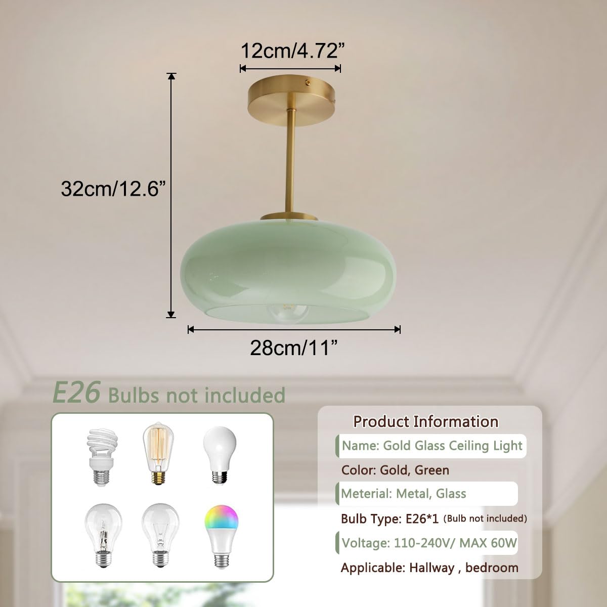 Milk Glass Ceiling Light Semi Flush Mount Ceiling Lights fixtures with Milk Green Glass Shade Mid Century Modern Flush Mount Lighting Gold Brass Close to Lamp for Hallway Kitchen Sink (Milk Green 2)