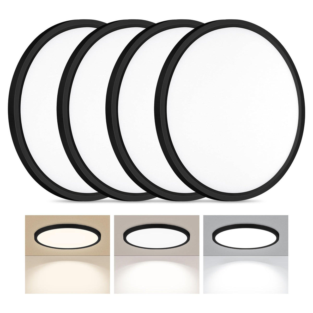 LED Flush Mount Ceiling Light 12in Thin 3CCT Black Wired (12Inch-4 Pack / Black)