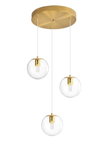 3 Light Modern Gold Pendant Light Hanging Fixture Light for Kitchen Island Mid Century Globe Pendant Light Glass Chandelier for Living Room Bedroom Entryway (Gold-Clear / Globe 3-Light)