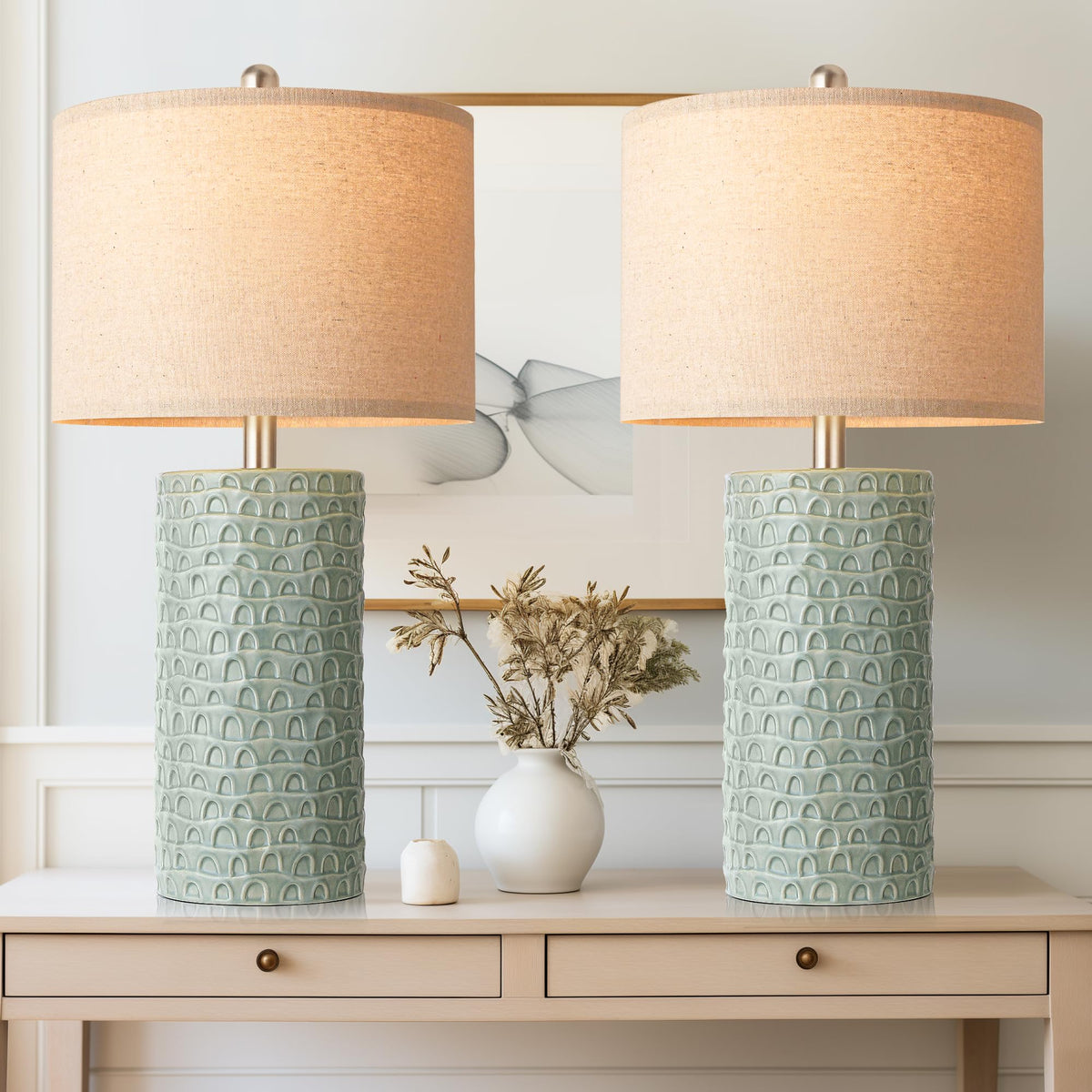 23" Modern Ceramic Table Lamp Set of 2 (Light Green)