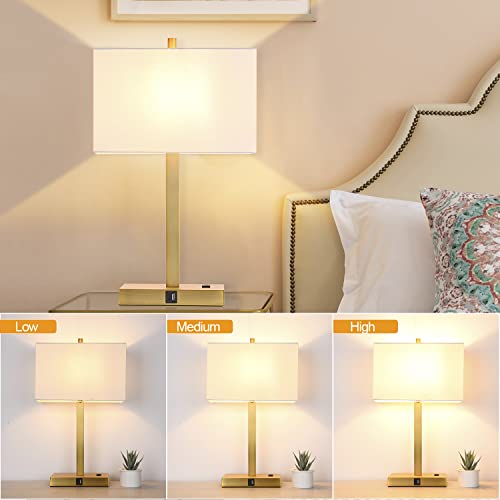 21" Touch Bedside lamps with 2 USB & AC Outlets (White Cream Linen & Brushed Gold)