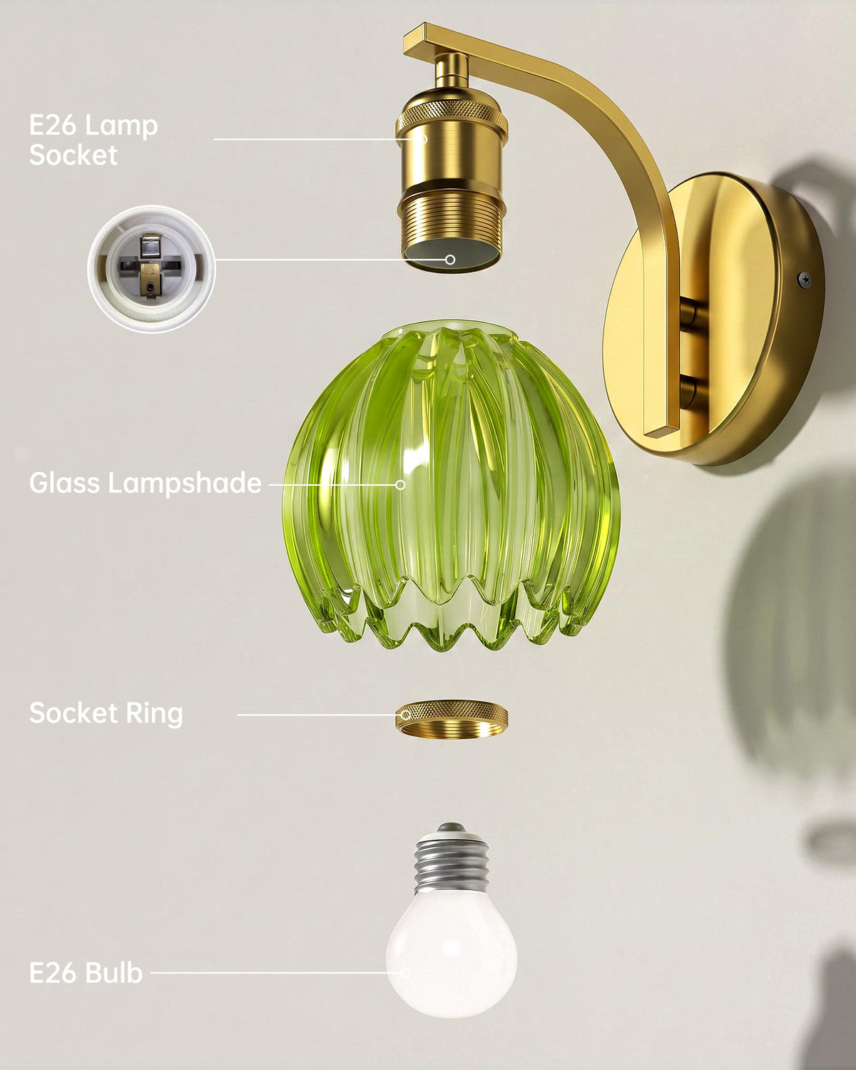 Vintage Brass Hardwired Wall Sconces with Green Tulip Glass Shade (Green)