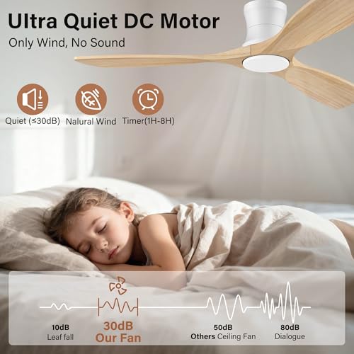 52Inch Wood Flush Mount Ceiling Fans with Lights Remote (Light Wood& White)
