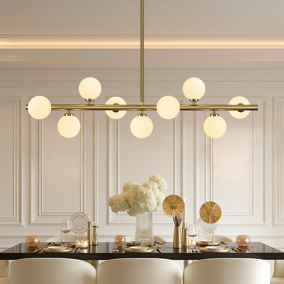 Linear Sputnik Dining Chandelier (Gold + White / 9-Light 40 Inch)