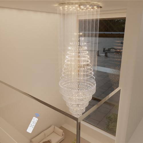D48''X H120''High Ceiling Chandelier Crystal Raindrop Chandeliers Large Villa Chandelier Entrance Foyer Hight Ceiling Lighting LED Dimmable 2700K (Silver / D48"X H120")