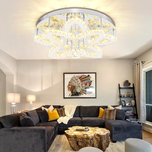 Dia 24" Modern Crystal Chandeliers Silver Chandelier LED Flush Mount Ceiling Light for Living Room Dining Room Bedroom Foyer Entryway LED Dimmable 2700 (Silver / Dia 24")