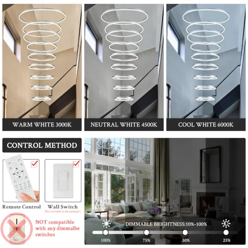 9 Rings D39.4in Modern LED Chandelier Silver Dimmable High Ceiling Foyer Chandeliers Entryway with Remote Control for Staircase Entryway Living Room Foyer (Silver / 9 Rings 39.4in)
