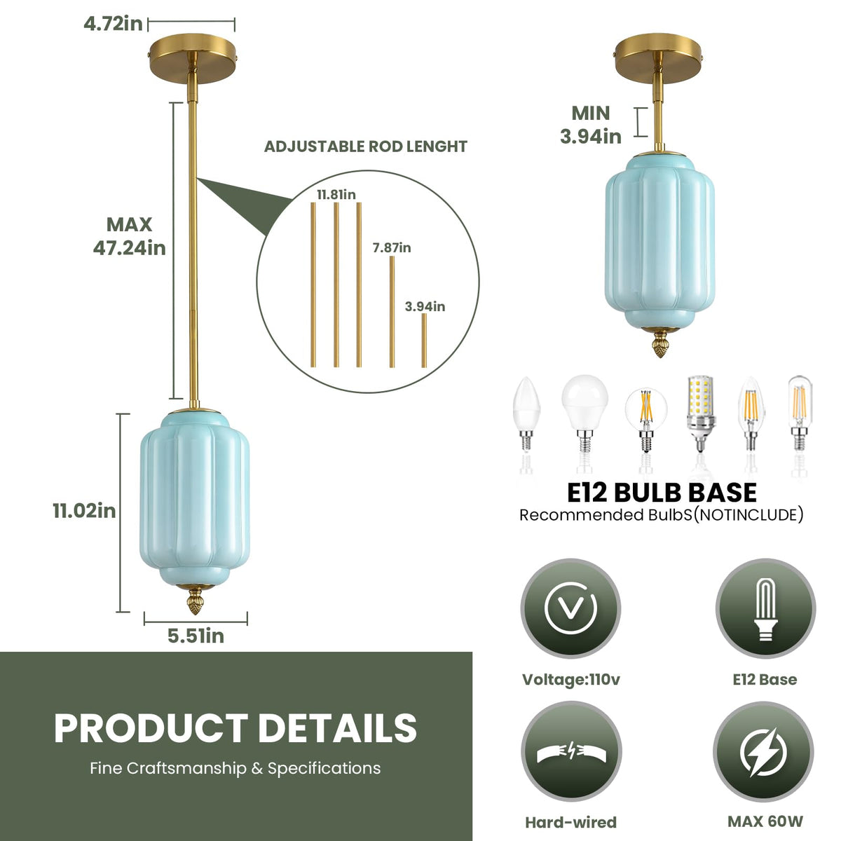 Vintage Blue Glass Pendant Lights 1 Pack 5.5 Inch Mid Century Brass Hanging Ceiling Light (Blue-1 Pack / 5.5 Inch)