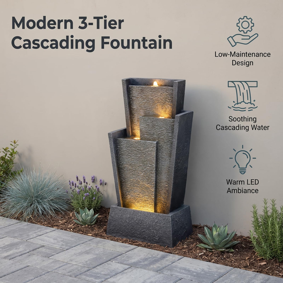 28H Modern Cascading Outdoor Water Fountain with Warm LED Light (28.3H)