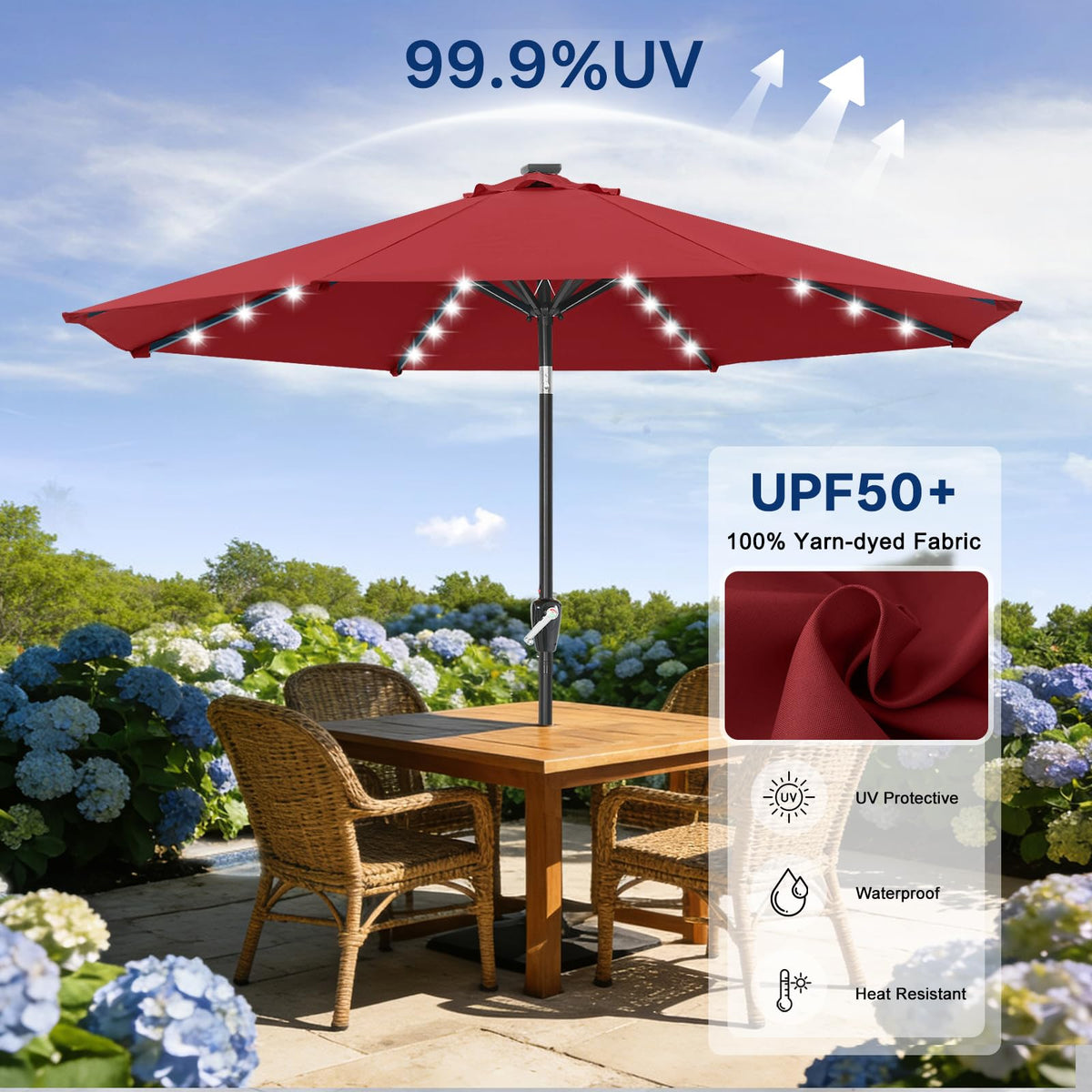 Solar Led Patio Umbrella with 32 Lights 9FT (LED Umbrella / 9ft / burgundy)