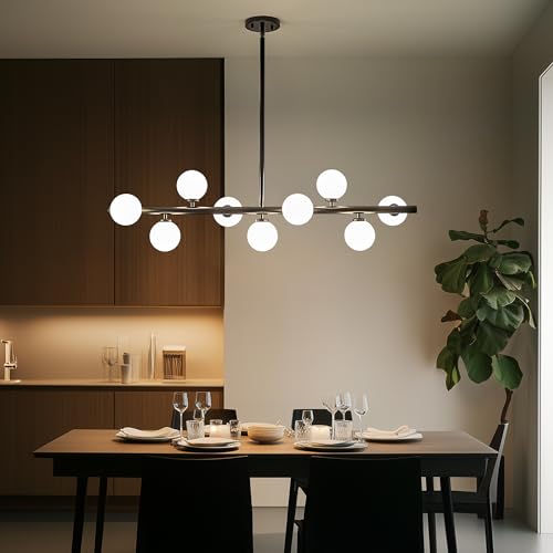 Mid Century Modern Globe Sputnik Chandelier (Black Milk White / 9-Light 40 Inch)