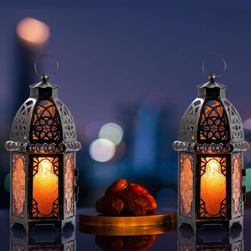 Set of 2 Vintage Large Decorative Moroccan Candle Lantern (Large / Amber - 12.8''h)