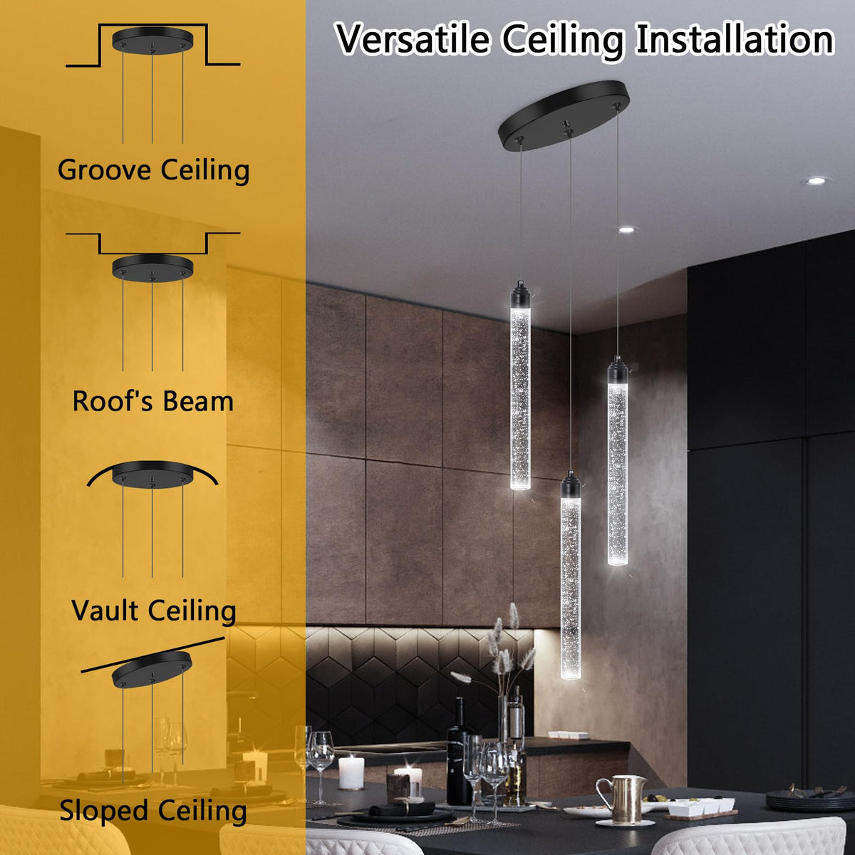 3 Light Black Pendant Lighting Mini Chandelier for Kitchen Island Modern Crystal LED Pendant Light Adjustable Dimmable Pendant Light Fixture for Dinning Room Bedroom Ceiling Hanging Lights 2700K 6000K (3 lights / Black)