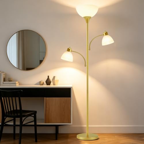 3 Head Torchiere Floor Lamps with 2 Reading Lamp for Living Room (Gold)