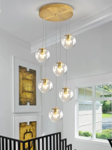 6 Light LED Staircase Modern Glass Globe Pendant Light Gold Chandeliers Large Chandeliers for High Ceilings (Gold-Clear / Globe 6-Light)