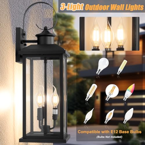 24" Extra Large Outdoor Wall Light Fixture Modern Porch Lantern (Black / No Sensor)