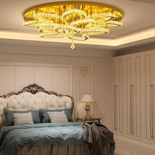 Dia 32" Modern Chandeliers for Living Room Crystal Dining Room Chandelier LED Dimmable Gold Flush Mount Ceiling Light (Gold / Dia 32")