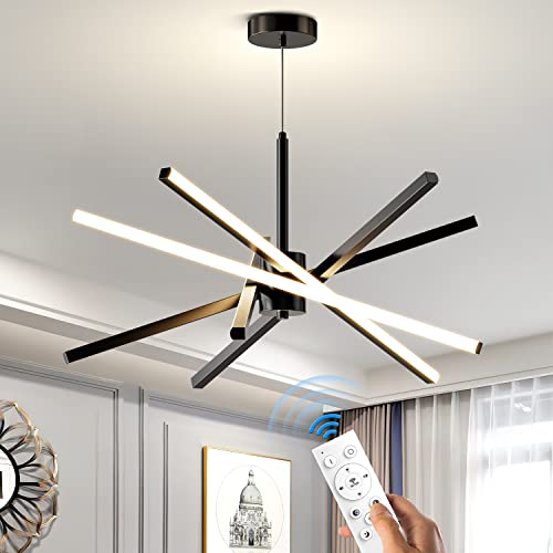 Modern Sputnik Chandelier Ceiling LED Black Pendant Light Embedded Mount Chandeliers Dining Room Light Fixtures Over Table Dimmable with Remote Control for Living Room Kitchen