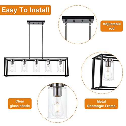 Modern Chandeliers Brushed Nickel and Black 5 Light Rectangle Dining Room Lighting Fixtures Hanging with Clear Glass Shade (Black and Brushed Nickel / 5 Light)