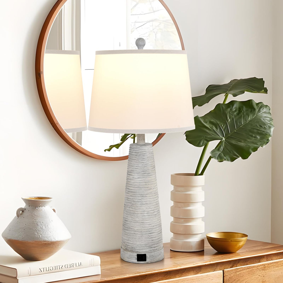 Nightstand Lamp Bedside Lamps Set of 2 Vintage Rustic Farmhouse Table Lamp 3 Way Dimmable Horizontal Stripe Light (White / High 24/27 Inch)